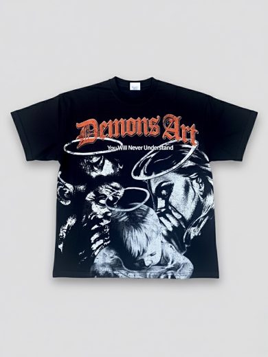 Demons Art Boxy Graphic Tee – Shadow Realm (Black)