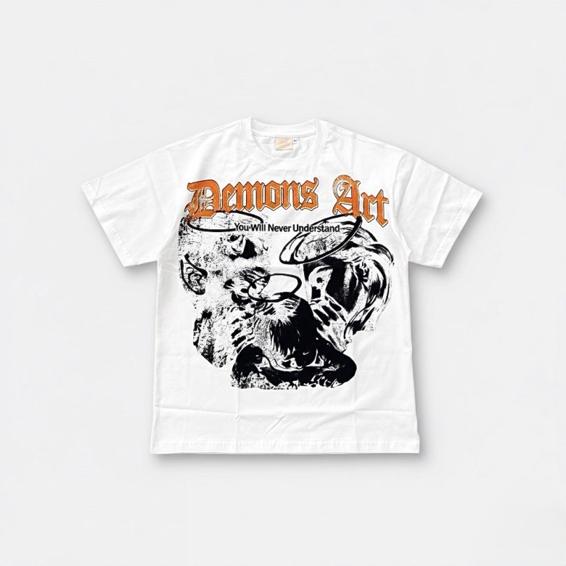 Demons Art Boxy Graphic Tee – Pure Chaos (White)